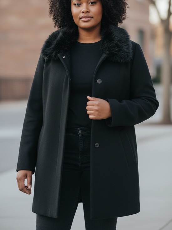 Reitmans Jackets & Blazers - Reitmans Black Wool Pea Mid Length Coat with Faux Fur Collar Sz 12